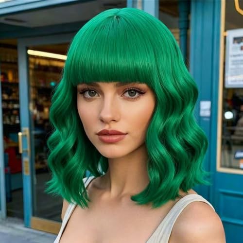 Green 14 Inch Short Wavy Bob Wig with Bangs - Heat Resistant Synthetic