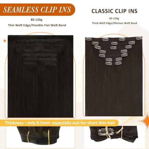 Full Shine Seamless Hair Extensions Clip in Dark Brown Clip in Hair Extensions Human Hair 18 Inch Invisible Clip ins PU Weft Remy Hair Add Volume 8 PCS 120 G