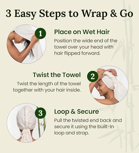 Harmony Weave Ivory White Bamboo Hair Towel Wrap for Women — Fast Dry, Anti-Frizz, Curl Friendly, Includes Elastic Strap, 1-Pack