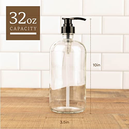 kitchentoolz 32-Ounce Pump Bottles, Large Clear Glass Boston Round Bottles w/Black Pumps. Great for Lotions, Laundry Soap Detergent, Oils, Sauces - Food Safe and Medical Grade (Pack of 2)