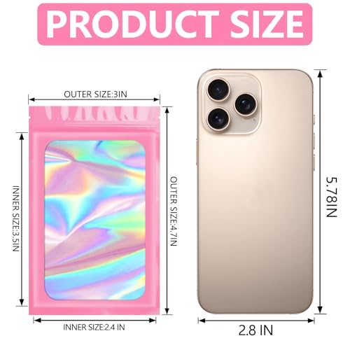Pink 3x4.7 Inch Resealable Holographic Mylar Bags for Food & Cosmetics - 100 pcs