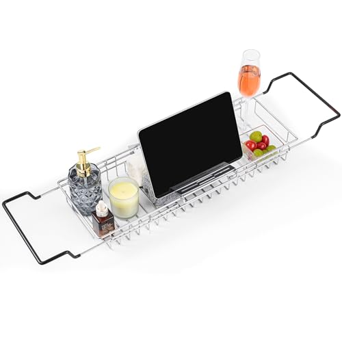Expandable Bathtub Caddy Tray with Tablet Holder | 304 Stainless Steel