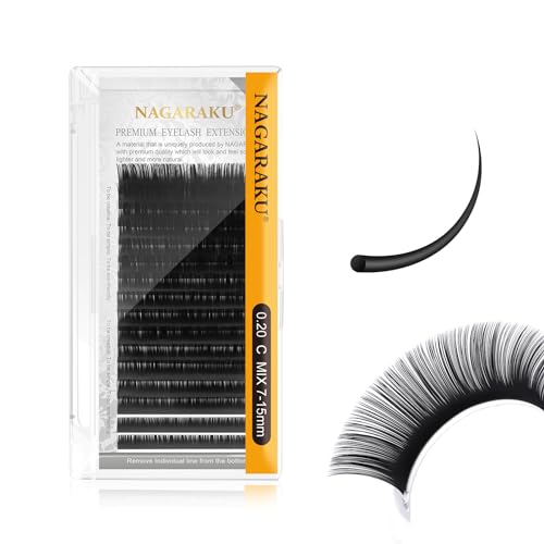 NAGARAKU Eyelash Extensions Individual Lashes 0.20mm C curl 7-15mm Mix Tray Classic Matte Black Natural Faux Mink 16 rows