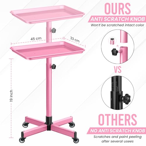 JayGlobal Pink Salon Tray On Wheels, Premium Aluminum Rolling Tattoo Tray, Height Adjustable Tattoo Cart Trolley for Hairstylist Salon, Spa & Clinic