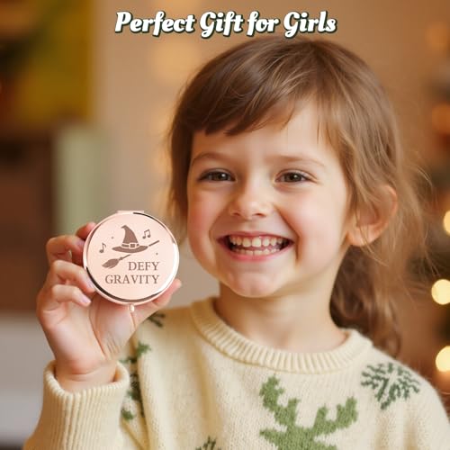 2 Pcs Witch Pocket Mirrors ? Witch Compact Makeup Mirror with Hat, Broom & Crown Wand Design, Movie or Musical Theatre Merch Stuff Gifts for Women & Girls (Rose Gold)