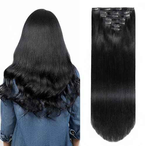 Clip in Hair Extensions Real Human Hair, Jet Black 100% Human Hair Extensions Clip in, Tangle-free Silky Straight Hair Extensions for Women, #1 16Inch 120G 7PCS