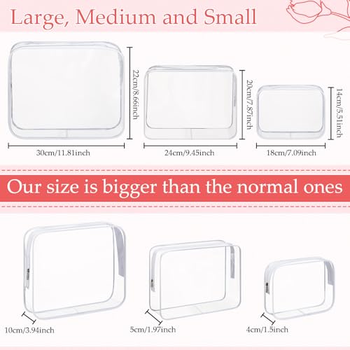 24 Pcs Clear Toiletry Bags Large PVC Travel Clear Makeup Bag Trip Home Storage Bag Waterproof Cosmetic Bag with Zipper for Women and Men, 3 Different Size