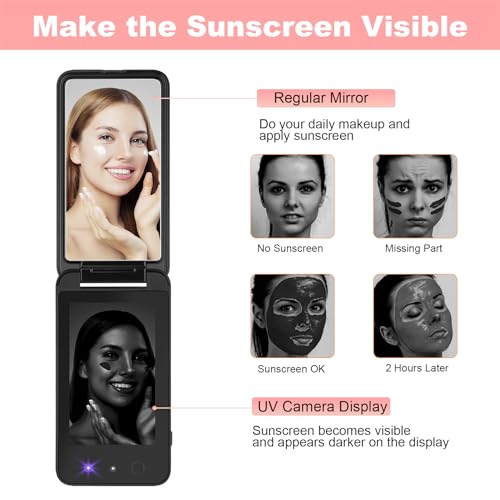 Compact UV Mirror with UV Camera for Sunscreen Test, 4 Inch Rechargable Travel Mirror Handheld Double-Sided Pocket Mirror for Skin Protection