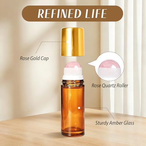 Rose Quartz Roller Bottle 1oz Amber Glass for Essential Oils - 2 Pack