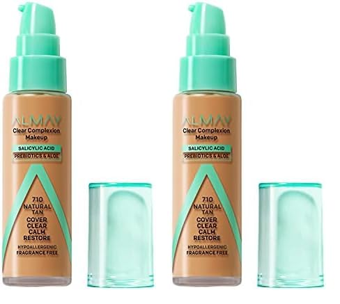 Almay Clear Complexion Acne Foundation Makeup with Salicylic Acid - Lightweight, Medium Coverage, Hypoallergenic, Fragrance-Free, for Sensitive Skin, 710 Natural Tan, 1 fl oz. (Pack of 2)