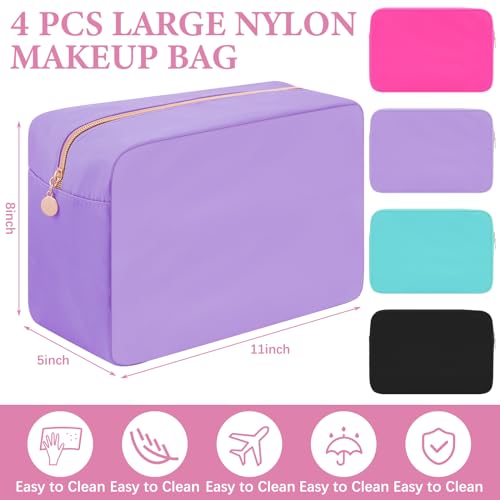 Hushee 4 Pcs Nylon Makeup Bag Travel Makeup Bags for Women Preppy Zipper Pouch Nylon Toiletry Bag Waterproof Storage Organizer(Large,Black, Fuchsia, Mint, Grape)