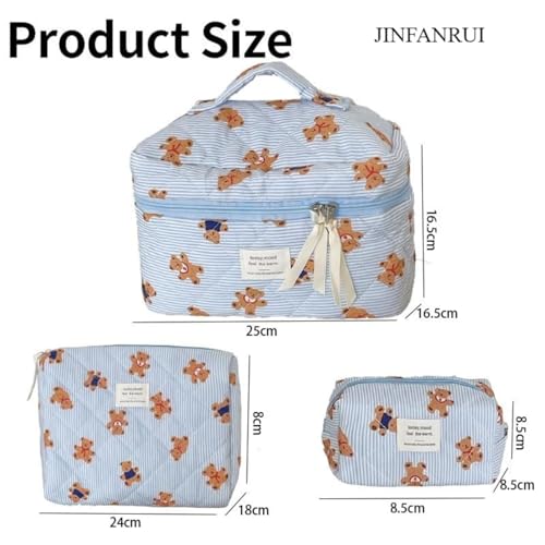 3PCS Quilted Make Up Bag Set Cute Cotton Make Up Pouch Blue Striped Bear Cosmetic Bag Set Large Travel Toiletry Bag For Women(B)