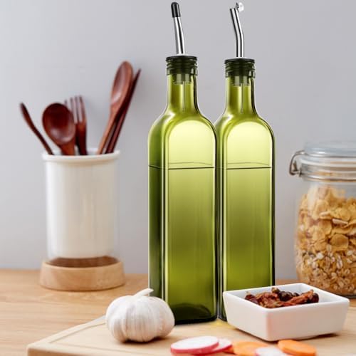 Leaflai Olive Oil Dispenser Bottle, 1 Pcs Green Glass Olive Oil Dispenser and Vinegar Dispenser Set with 2 Stainless Steel Pourers, 2Labels,1 Brush and 1 Funnel Oil Bottles for Kitchen (500ml)