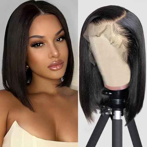 10 Inch Bob Wig Human Hair 200 Density 13x4 HD Transparent Lace Front Wigs Human Hair Pre Plucked Short Bob Glueless Straight Wigs for Women Natural Color