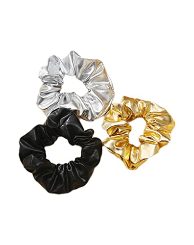 Bronzing Gilding Hair Scrunchies Floppy Metallic Ponytail Holders Gilding Hair Scrunchy BW32 (Black-Gold-Silver)