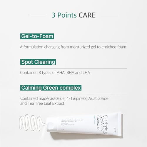 Clarifying AHA Gel Cleanser 3.38 fl. oz. (100ml) - Vegan Facial Cleansing Foam with Triple-AHA, BHA, LHA, Mild Exfoliating Cleanser, Tea Tree Leaf, Centella Asiatica, Madecassoside, Calming, Soothing