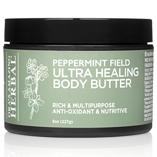 Ora's Amazing Herbal Ultra Healing Body Butter, Intensive Moisturizer For Dry Skin, Spearmint & Bergamot Essential Oil, 8 oz, Peppermint Field Scent