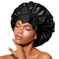 Satin Sleep Bonnet with Tie Band for Curly Hair – Black