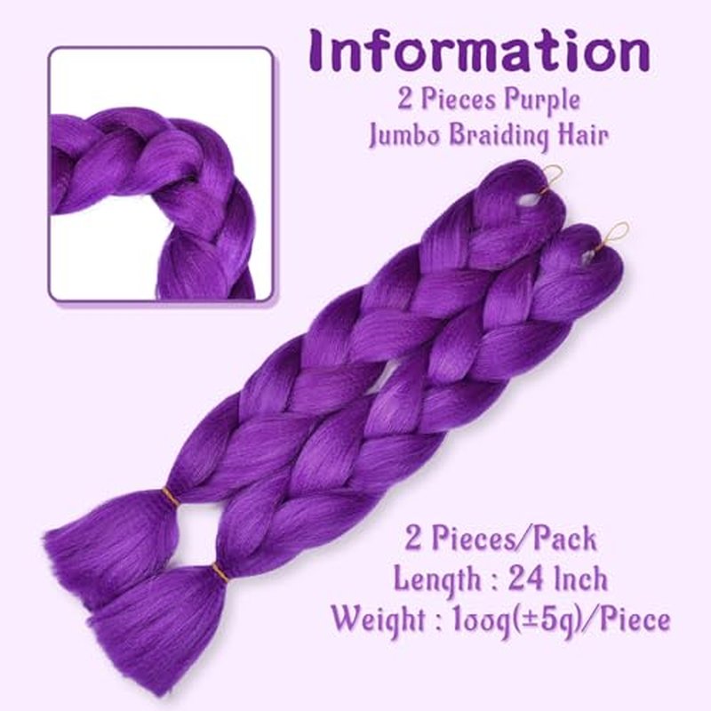 24-Inch Purple Braiding Hair Extensions - 2 Packs Jumbo Prestretched