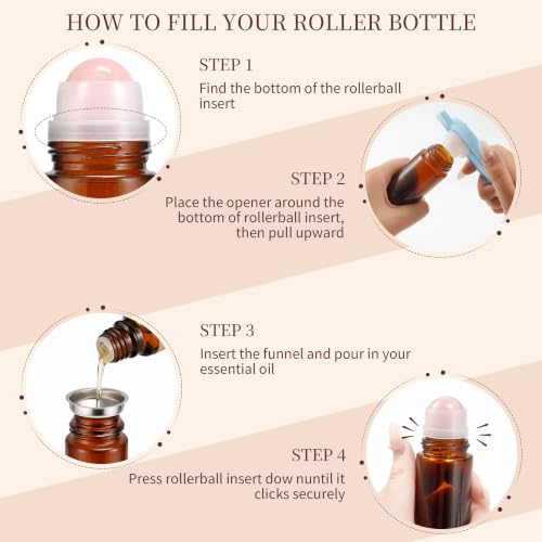 Pink Rose Quartz Roller Bottle 50ml Refillable Amber Glass Travel Perfume with Leak-Proof Cap