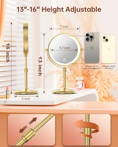 7" Lighted Makeup Mirror 10X Magnification, Height Adjustable, Gold