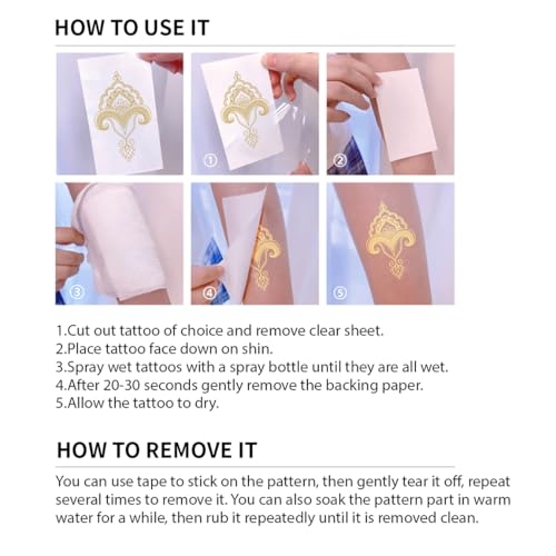 8 Sheet Gold Metallic Temporary Tattoos for Women