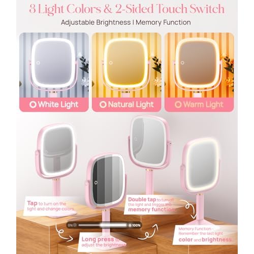 Gospire Rectangle Lighted Makeup Mirror with Lights 3 Color, Height Adjustable and 1X/10X Magnifying, 4000mAh Rechargeable Battery for Bedroom, 8.5¡±x7.4¡± Large Surface, Stepless Dimming - Pink