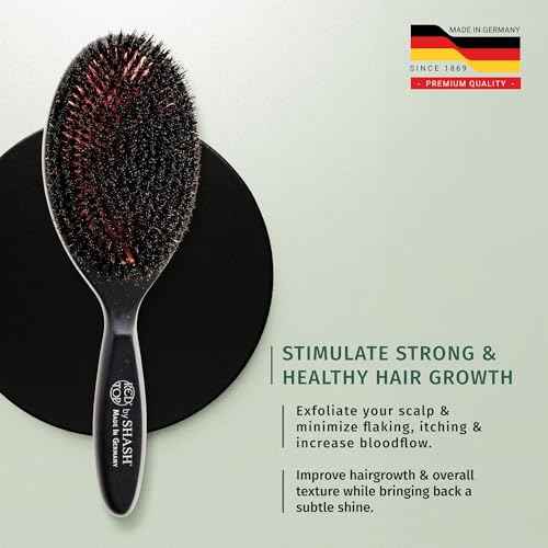 SHASH 100% First Cut Boar Bristle Hair Brush, Suitable For Thin To Normal Hair - Naturally Conditions Hair, Improves Texture, Exfoliates, Stimulates, Made in Germany (Black, Large)