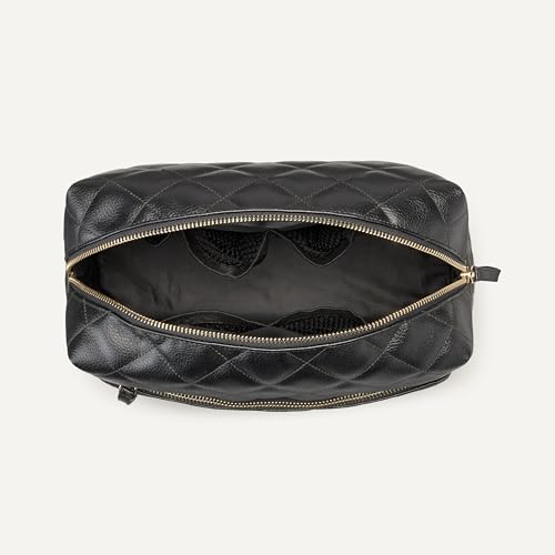 Amazon Essentials Women's Quilted Travel Makeup Bag - Black Faux Leather, One Size