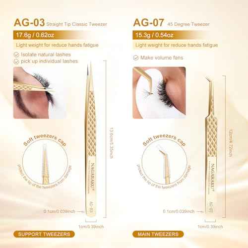 NAGARAKU 1 Pair Precision Fiber Tip Tweezer for Eyelash Extensions Professional Eyelash Tweezers Antistatic Straight & Curved Tip Tweezers with Box(Isolation & Volume Lash Tweezers AG-03 & AG-07)