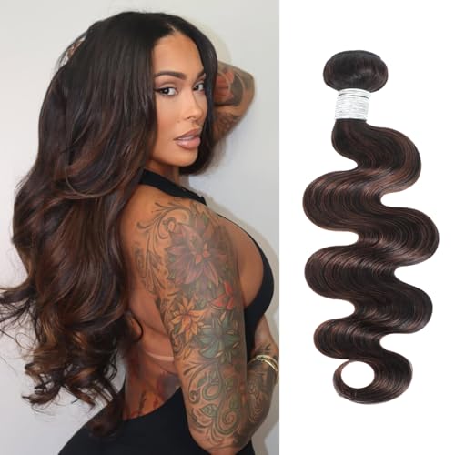 12A Brown Body Wave Bundles Human Hair 18 Inch, 100% Virgin Brazilian Real Hair Wavy Weave Color #F2/4 Rich Dark Brown with Chestnut Ombre Highlights Human Hair Single Bundles Thick Track Sew in