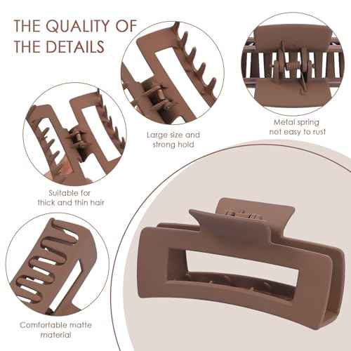 8 Pcs Large Hair Claw Clips 4.1 Inch Non-slip Big Square Matte Hair Claws for Women, Strong Hold Banana Clip for Thick Thin Hair(Grey/Khaki/Black)
