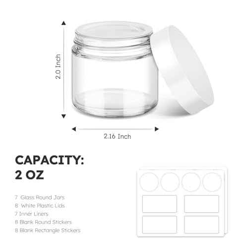 2 oz Glass Jars with Lids, Bumobum 7 pack Clear Small Jar with White Lids, Blank Labels & Inner Liners, 60 ml Empty Round Cosmetic Containers for Sample, Powder, Cream, Lotion, Spice