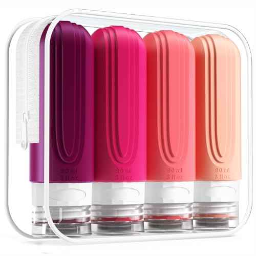 Travel Bottles for Toiletries, Tsa Approved 3oz Travel Size Containers BPA Free Leak Proof Refillable Liquid Silicone Squeezable Travel Accessories for Shampoo Conditioner Lotion (4 Pack)