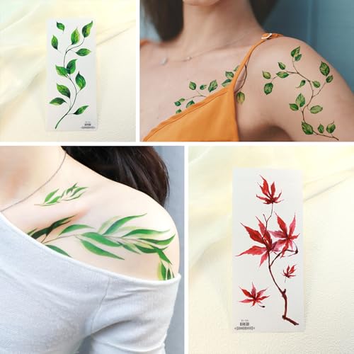 6 Sheet Watercolor Leaf Temporary Tattoos for Women
