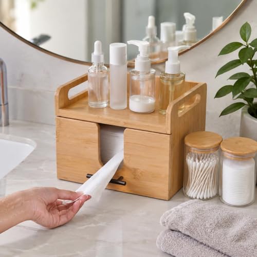 Vespara Bamboo Disposable Face Towel Holder with Drawer & Glass Jars - Vanity Skincare Organizer