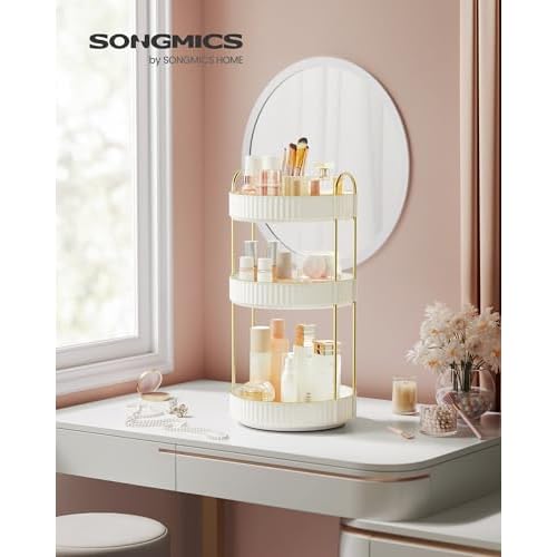 SONGMICS Makeup Organizer, 3-Tier Round Rotating Skincare Organizer Countertop, Customizable, Toiletries Vanity Organizer, Lazy Susan, Gift, Cloud White UJKA011W01