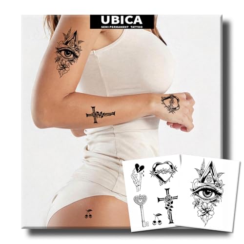 Semi Permanent Tattoos, 2 Sheets Realistic Temporary for Women, Fake Tattoos for Fingers Hand Calf, Waterproof, No Reflective, Lasts 1-2 Weeks (Heart Key Cross & Mythical Flower Eye Designs)