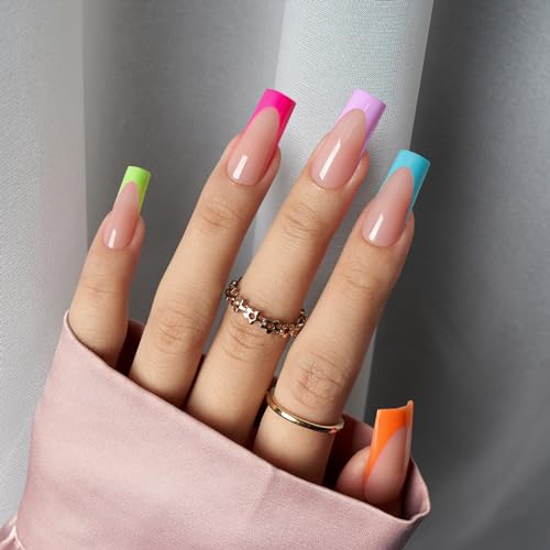 BTArtboxnails Long Square Pastel Fake Nails 160Pcs with Gel Adhesive