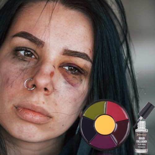 Fake Scar Bruise Makeup Kit,6 Color Bruise Wheel Body Paint and Rigid Collodion with Brush, Halloween Special Effects Makeup Kit with 2 White Sponges,Hunting Camo Face Paint