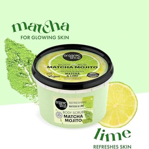 Organic Shop Matcha & Lime, Refreshing & Exfoliating Body Scrub, 100% Vegan & Organic, Daily Exfoliant, Detox & Moisturizer, Body, Face, Hand & Foot, Intensive Care & Skin Toning. 250ml.