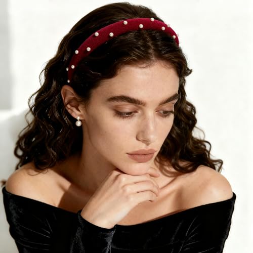 Pearl-Accented Velvet Headbands for Women 2 Pack - Black & Burgundy, Vintage Elegant Hair Accessories, Fanssya