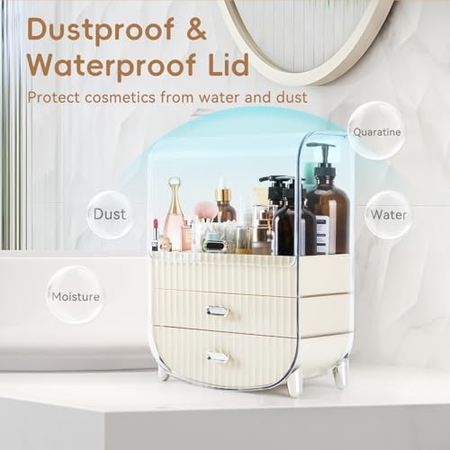 VUSIGN Makeup Organizer, Cosmetics Skincare Organizers with 3-Layer Storage Box and Transparent Cover, Vanity Organizer Countertop for Bathroom, Dresser, Ideal Gifts for Women, White