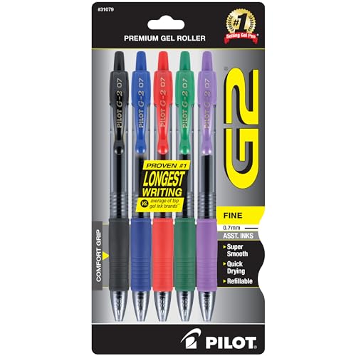 Pilot, G2 Premium Gel Roller Pens, Fine Point 0.7 mm, Assorted Colors, Pack of 5