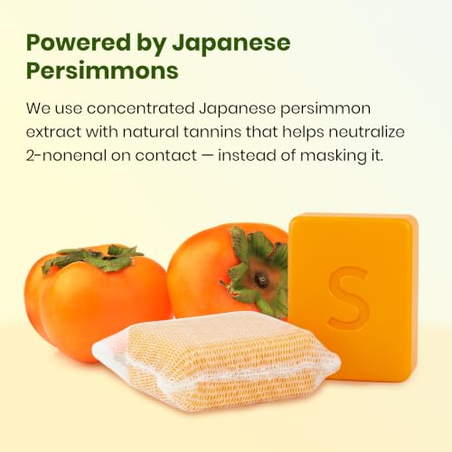Swarva Japanese Persimmon Soap for Old People Smell 4.5oz Pack of 2 - Natural Odor Removal for Sensitive Skin with Mesh Bag