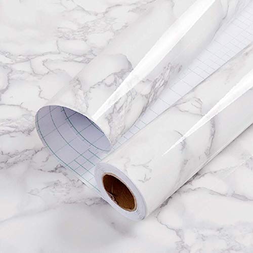 practicalWs Glossy Marble Wall Paper Granite White/Grey Kitchen Countertop Cabinet Furniture Refurbishment Thick Removable Wallpaper Peel and Stick Vinyl Roll Easy to Use 11.8"x78.7"