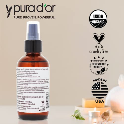 PURA D'OR 4 Oz Organic Cucumber Seed Oil100% Pure USDA Certified Premium Grade All Natural Moisturizer, Cold Pressed, Unrefined, Hexane-Free Base Carrier Oil for DIY Skin Care For Men & Women