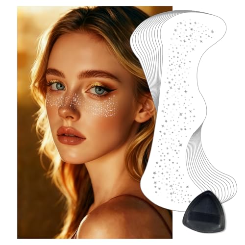 LALACE Glitter Freckles Face Tattoo ? Sparkle Freckle Temporary Tattoo, Waterproof Face Glitter for Women, Face Sparkles & Face Freckles Glitter Makeup Accessories (12pcs Silver Star)