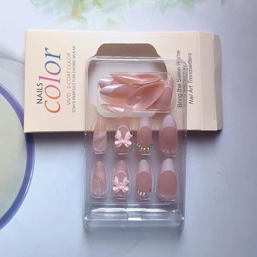 YIHONGYAN Style A13 Medium Almond Pink French Press-On Nails Kit with Charms, Full Cover Fake Nails for Women