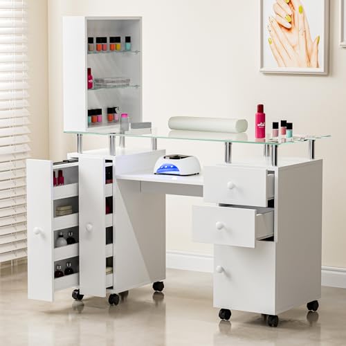Paddie Manicure Table with Glass Top, Acetone Resistant Nail Desk